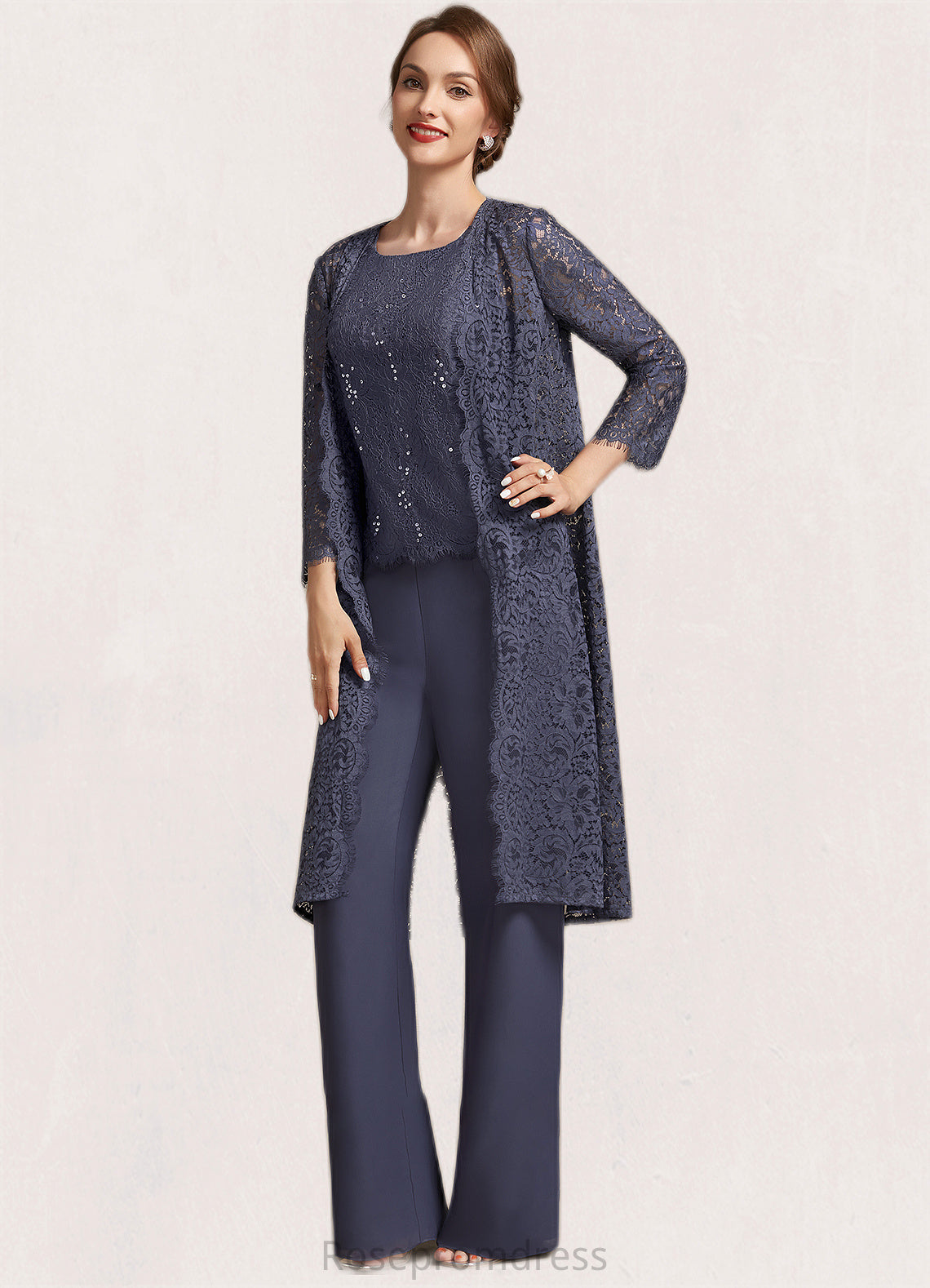 Olive Jumpsuit/Pantsuit Scoop Neck Floor-Length Chiffon Lace Mother of the Bride Dress With Sequins SRS126P0014805