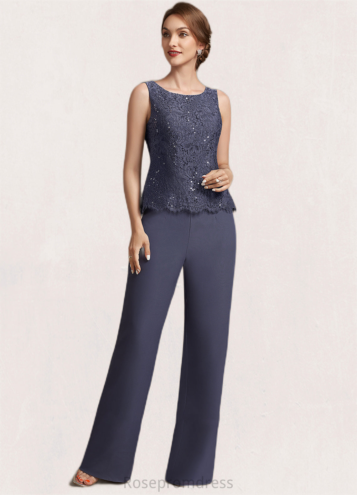 Olive Jumpsuit/Pantsuit Scoop Neck Floor-Length Chiffon Lace Mother of the Bride Dress With Sequins SRS126P0014805