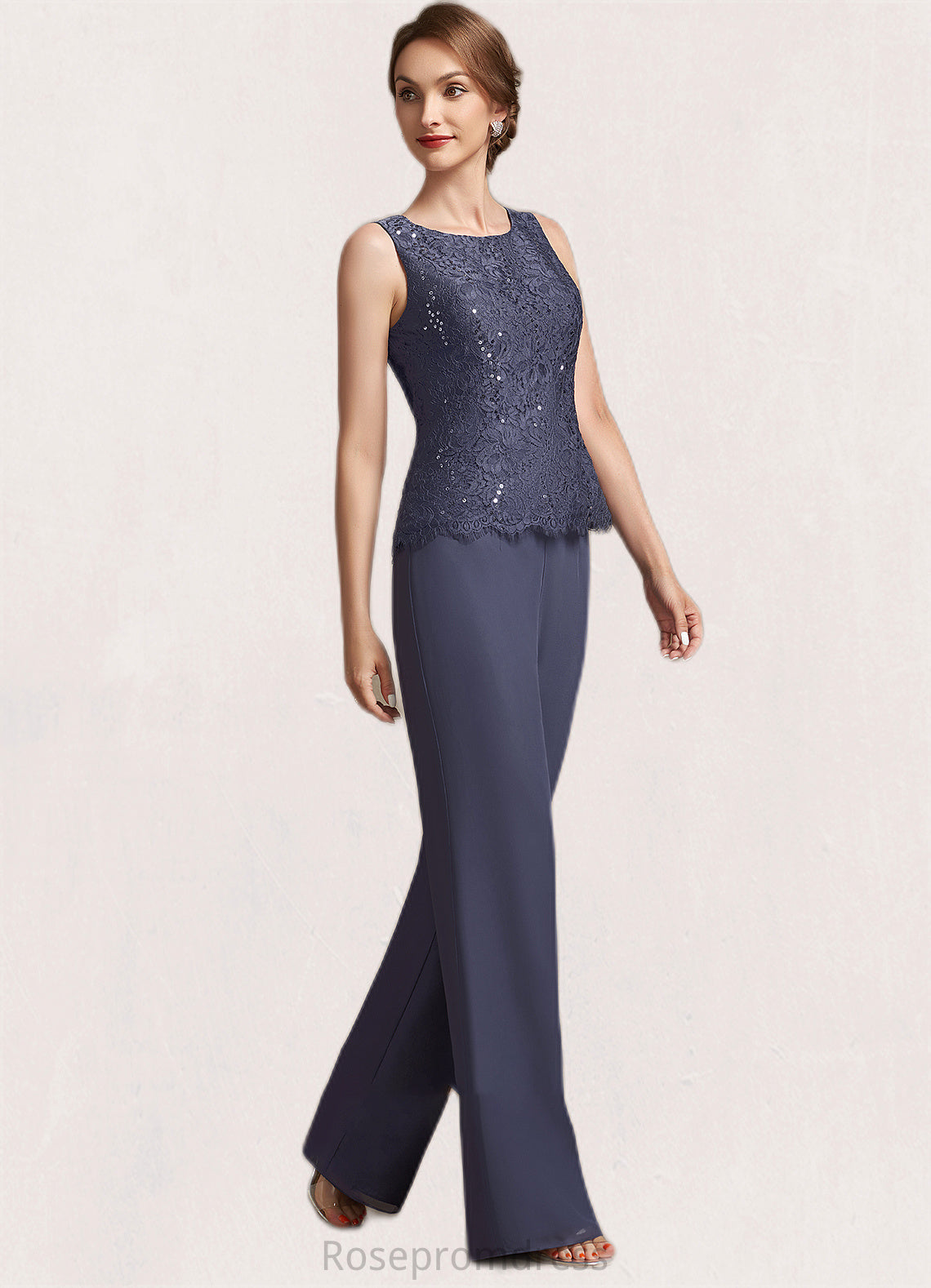 Olive Jumpsuit/Pantsuit Scoop Neck Floor-Length Chiffon Lace Mother of the Bride Dress With Sequins SRS126P0014805