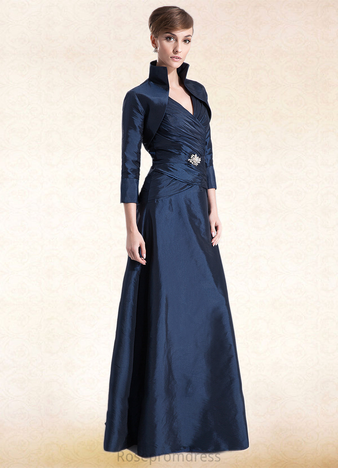Jimena A-Line V-neck Floor-Length Taffeta Mother of the Bride Dress With Ruffle Beading SRS126P0014807