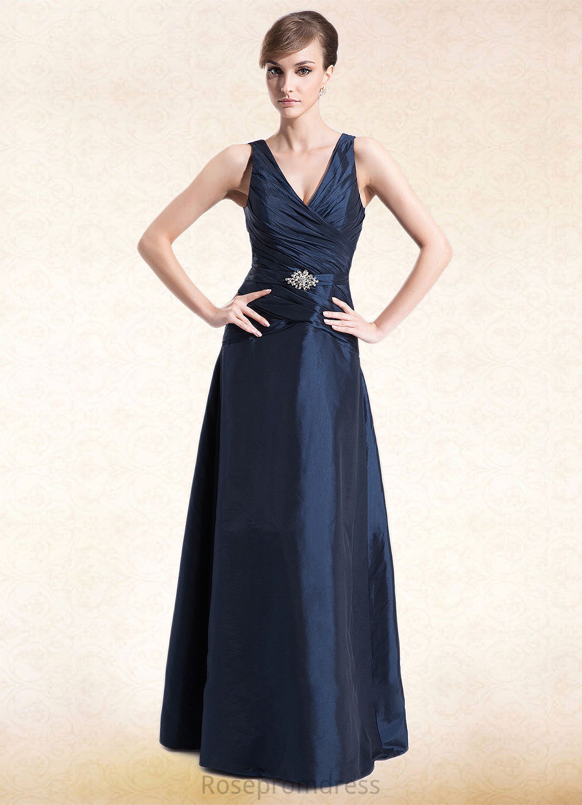Jimena A-Line V-neck Floor-Length Taffeta Mother of the Bride Dress With Ruffle Beading SRS126P0014807