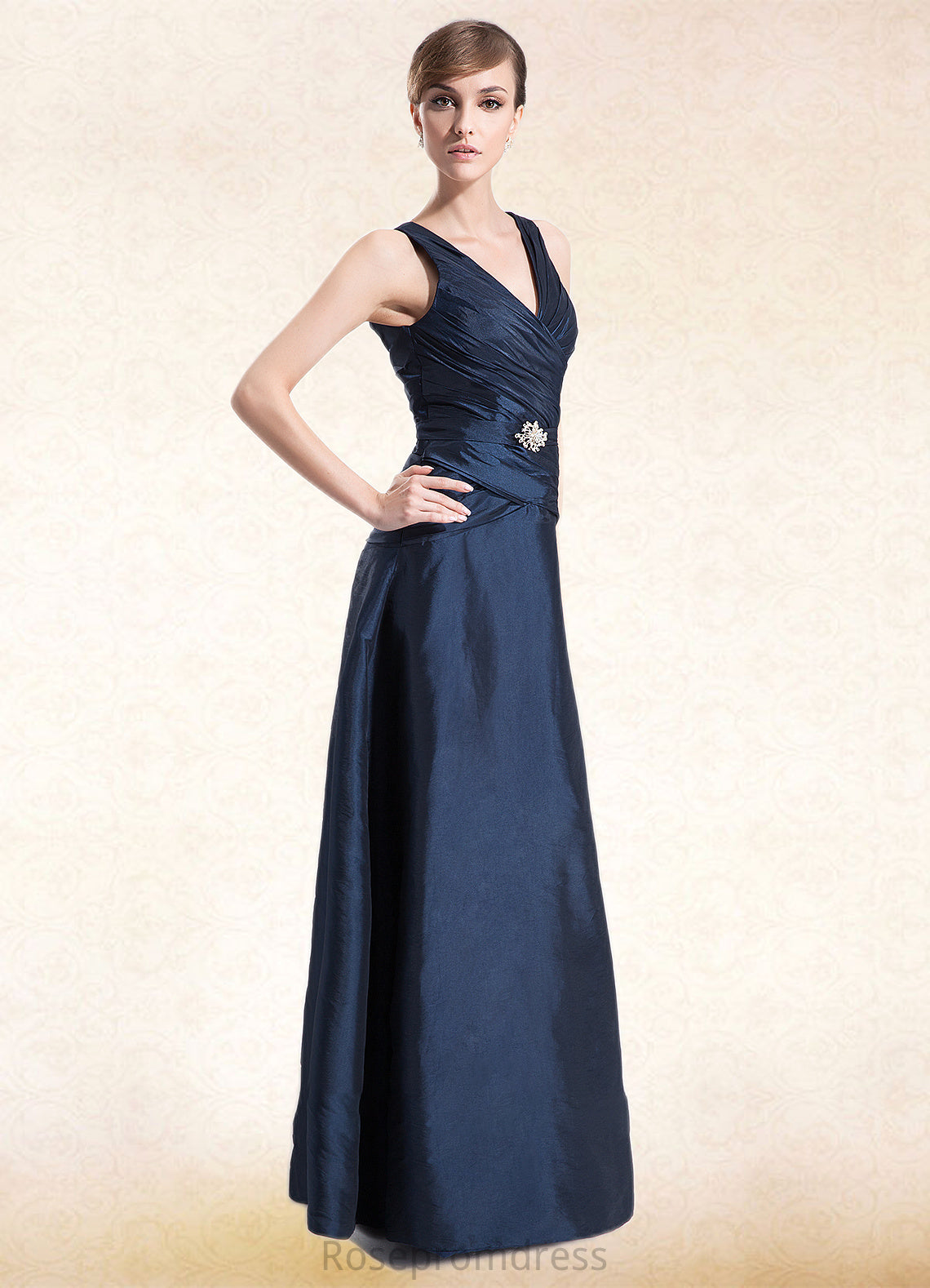 Jimena A-Line V-neck Floor-Length Taffeta Mother of the Bride Dress With Ruffle Beading SRS126P0014807