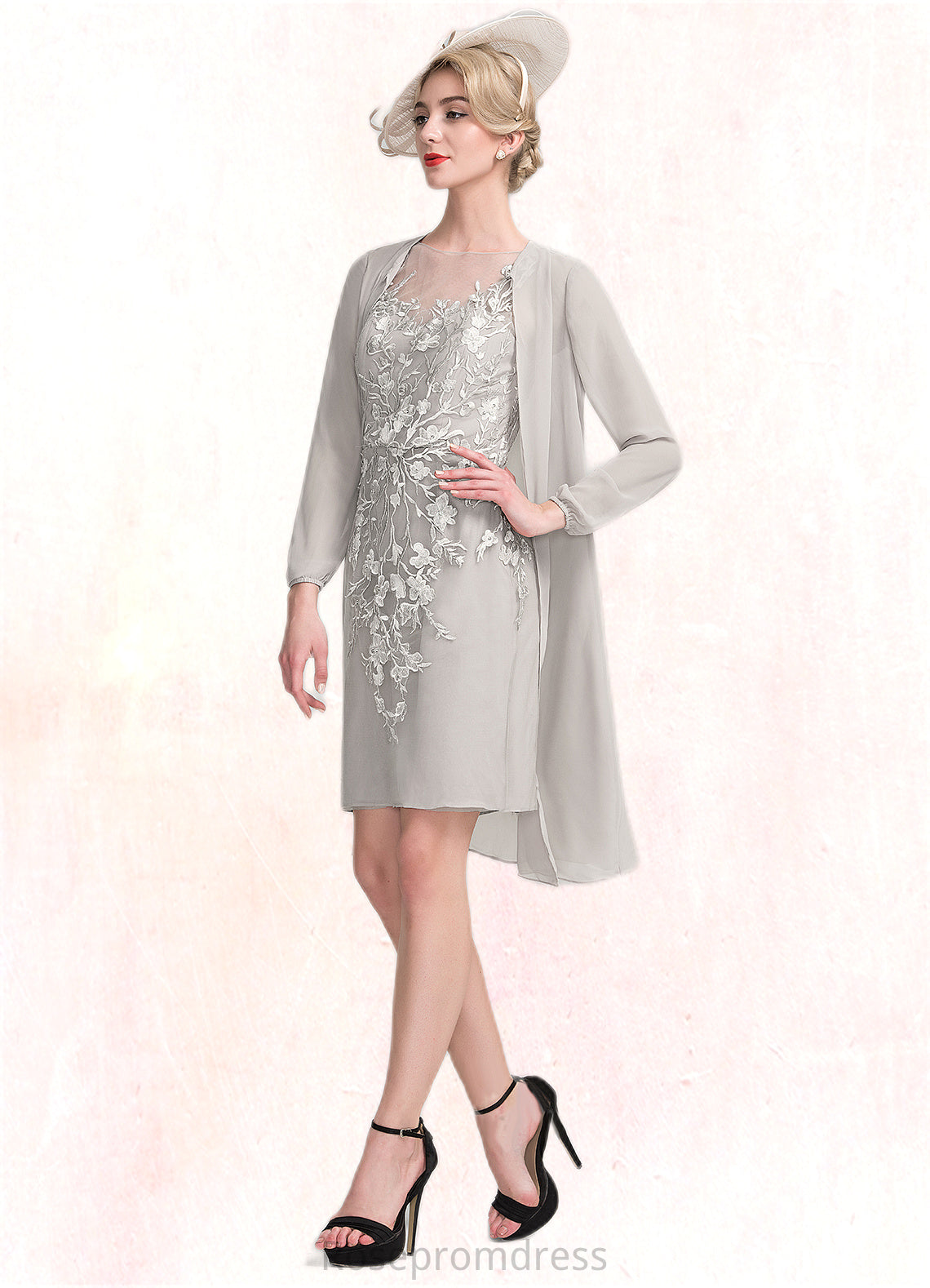 Norma Sheath/Column Scoop Neck Knee-Length Chiffon Lace Mother of the Bride Dress With Beading Sequins SRS126P0014811