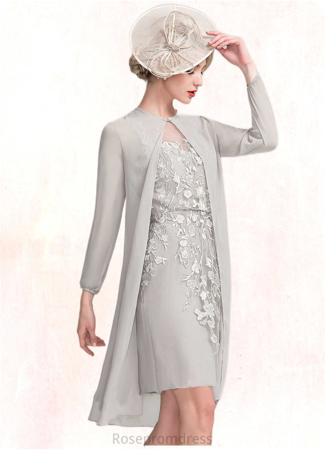 Norma Sheath/Column Scoop Neck Knee-Length Chiffon Lace Mother of the Bride Dress With Beading Sequins SRS126P0014811