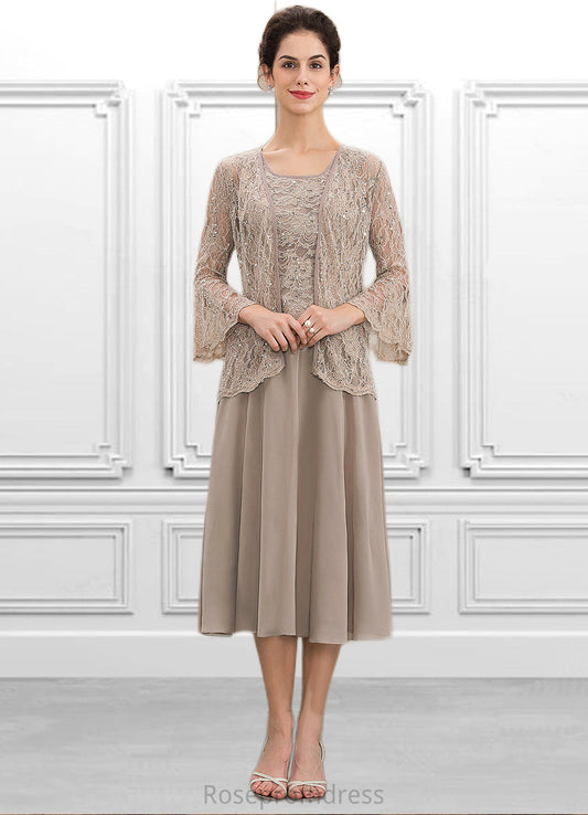Rayna A-Line Scoop Neck Tea-Length Chiffon Lace Mother of the Bride Dress With Sequins SRS126P0014816
