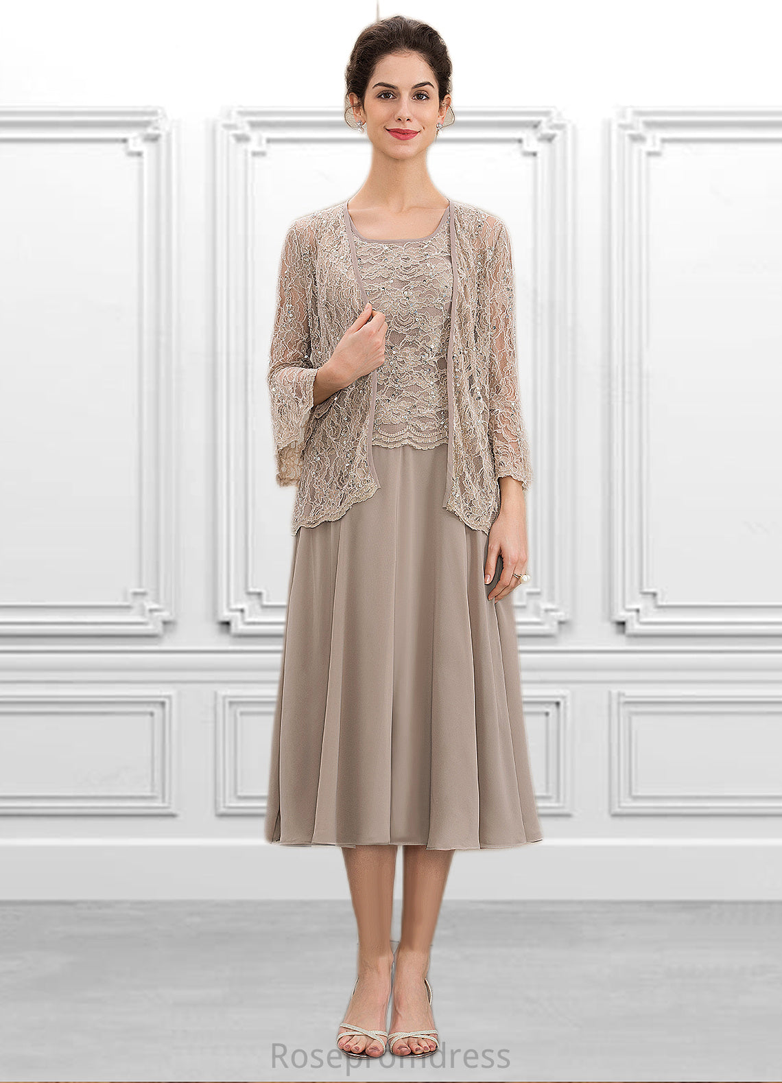 Rayna A-Line Scoop Neck Tea-Length Chiffon Lace Mother of the Bride Dress With Sequins SRS126P0014816