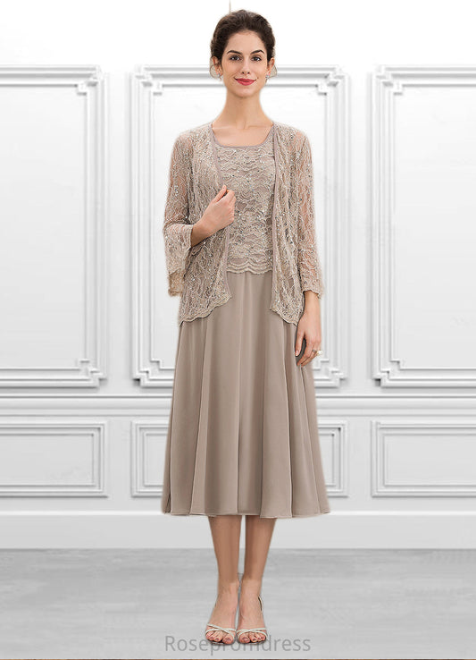 Rayna A-Line Scoop Neck Tea-Length Chiffon Lace Mother of the Bride Dress With Sequins SRS126P0014816