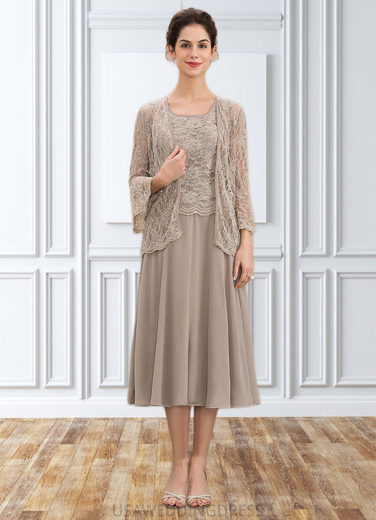 Lauretta A-Line Scoop Neck Tea-Length Chiffon Lace Mother of the Bride Dress With Sequins DS126P0014816