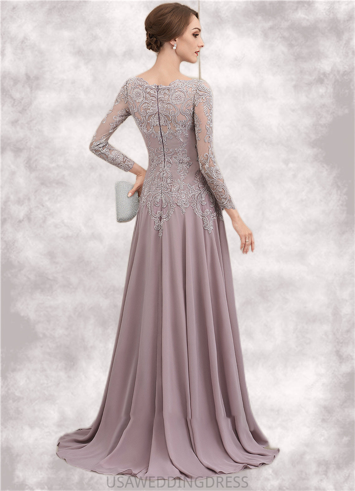 Joyce A-Line Scoop Neck Sweep Train Chiffon Lace Mother of the Bride Dress With Sequins DS126P0014819