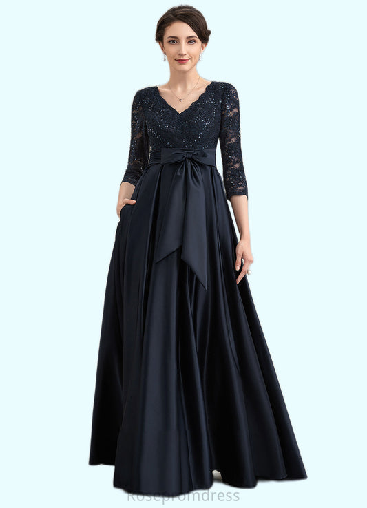 Brenna A-Line V-neck Floor-Length Satin Lace Mother of the Bride Dress With Sequins Bow(s) Pockets SRS126P0014820