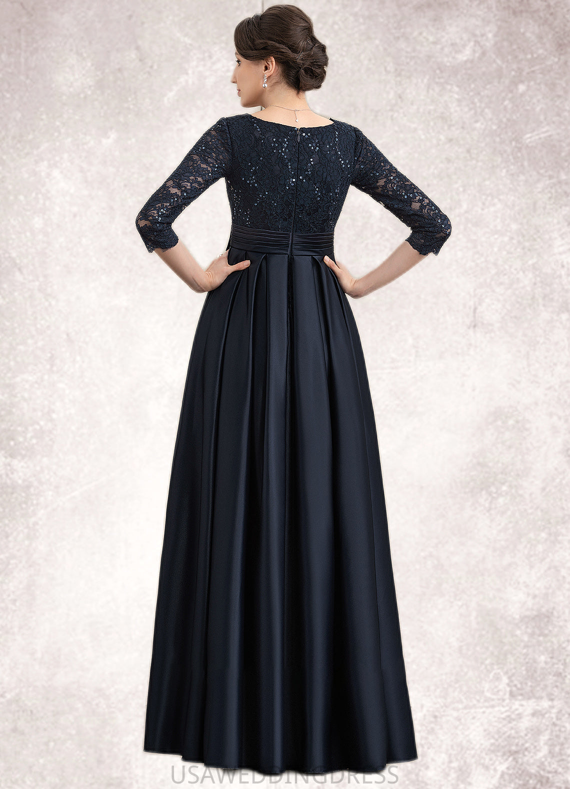 Anabelle A-Line V-neck Floor-Length Satin Lace Mother of the Bride Dress With Sequins Bow(s) Pockets DS126P0014820
