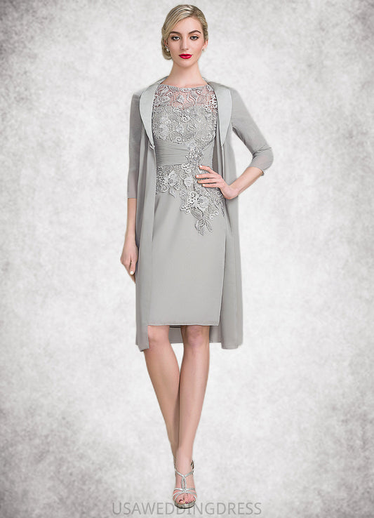Lillian Sheath/Column Scoop Neck Knee-Length Chiffon Lace Mother of the Bride Dress With Ruffle Beading DS126P0014821