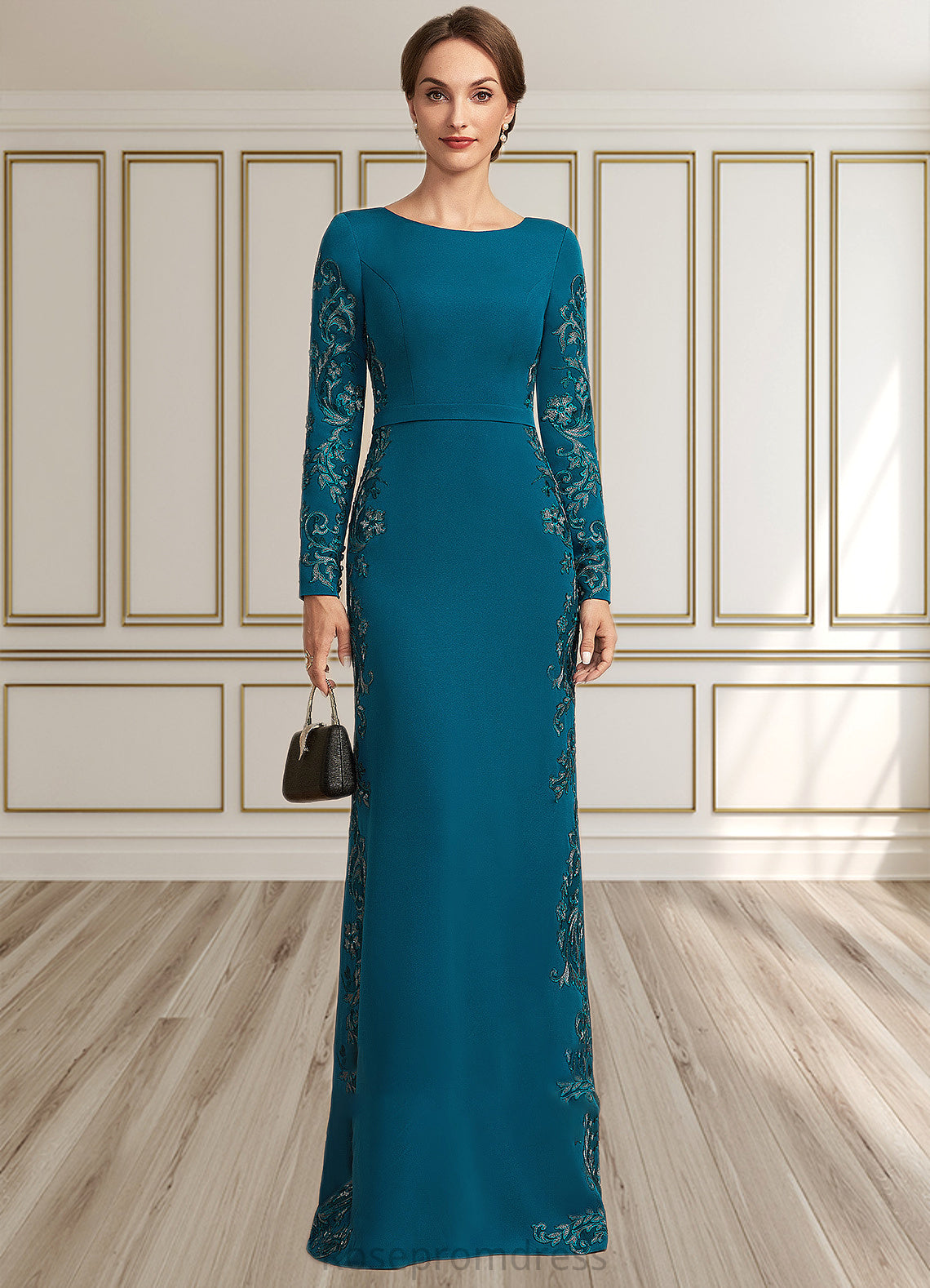 Grace Sheath/Column Scoop Neck Floor-Length Stretch Crepe Mother of the Bride Dress With Appliques Lace SRS126P0014822