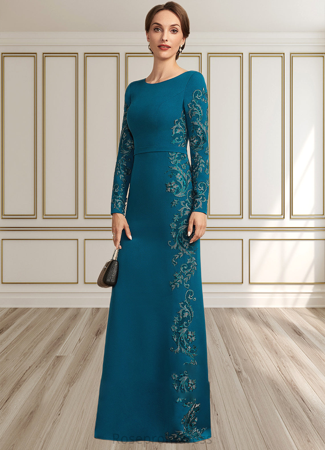 Grace Sheath/Column Scoop Neck Floor-Length Stretch Crepe Mother of the Bride Dress With Appliques Lace SRS126P0014822