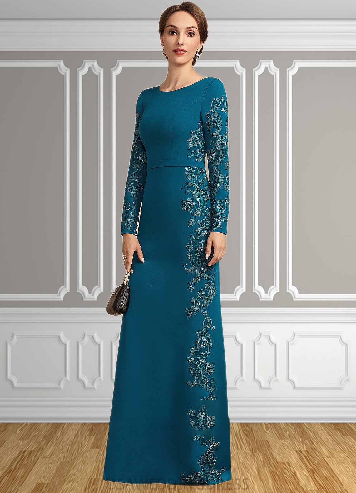 Saniya Sheath/Column Scoop Neck Floor-Length Stretch Crepe Mother of the Bride Dress With Appliques Lace DS126P0014822