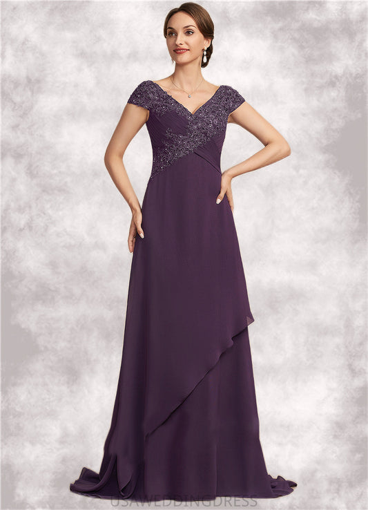Kayden A-Line V-neck Sweep Train Chiffon Lace Mother of the Bride Dress With Ruffle Beading DS126P0014824