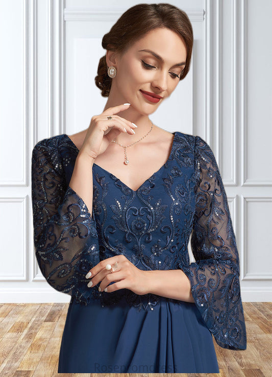 Camila A-Line V-neck Floor-Length Chiffon Lace Mother of the Bride Dress With Sequins Cascading Ruffles SRS126P0014825