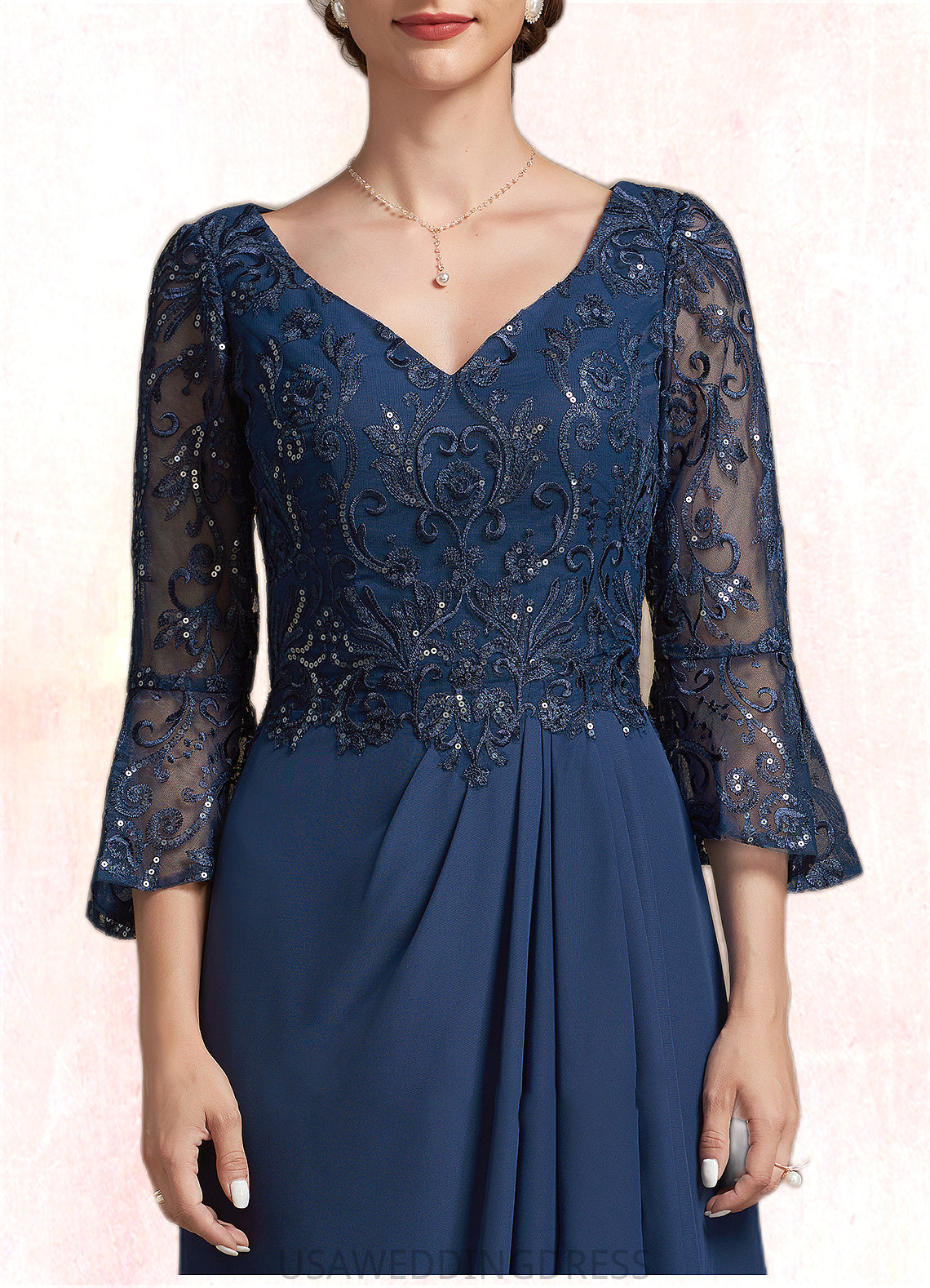 Gabriella A-Line V-neck Floor-Length Chiffon Lace Mother of the Bride Dress With Sequins Cascading Ruffles DS126P0014825