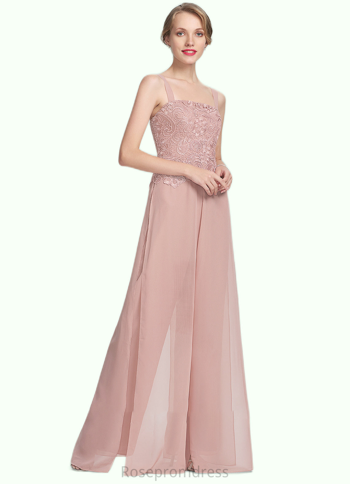 Kennedy Jumpsuit/Pantsuit Square Neckline Floor-Length Chiffon Lace Mother of the Bride Dress SRS126P0014828