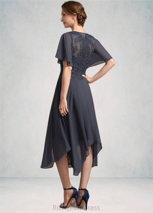 Gertrude A-Line Scoop Neck Tea-Length Chiffon Lace Mother of the Bride Dress With Sequins SRS126P0014830