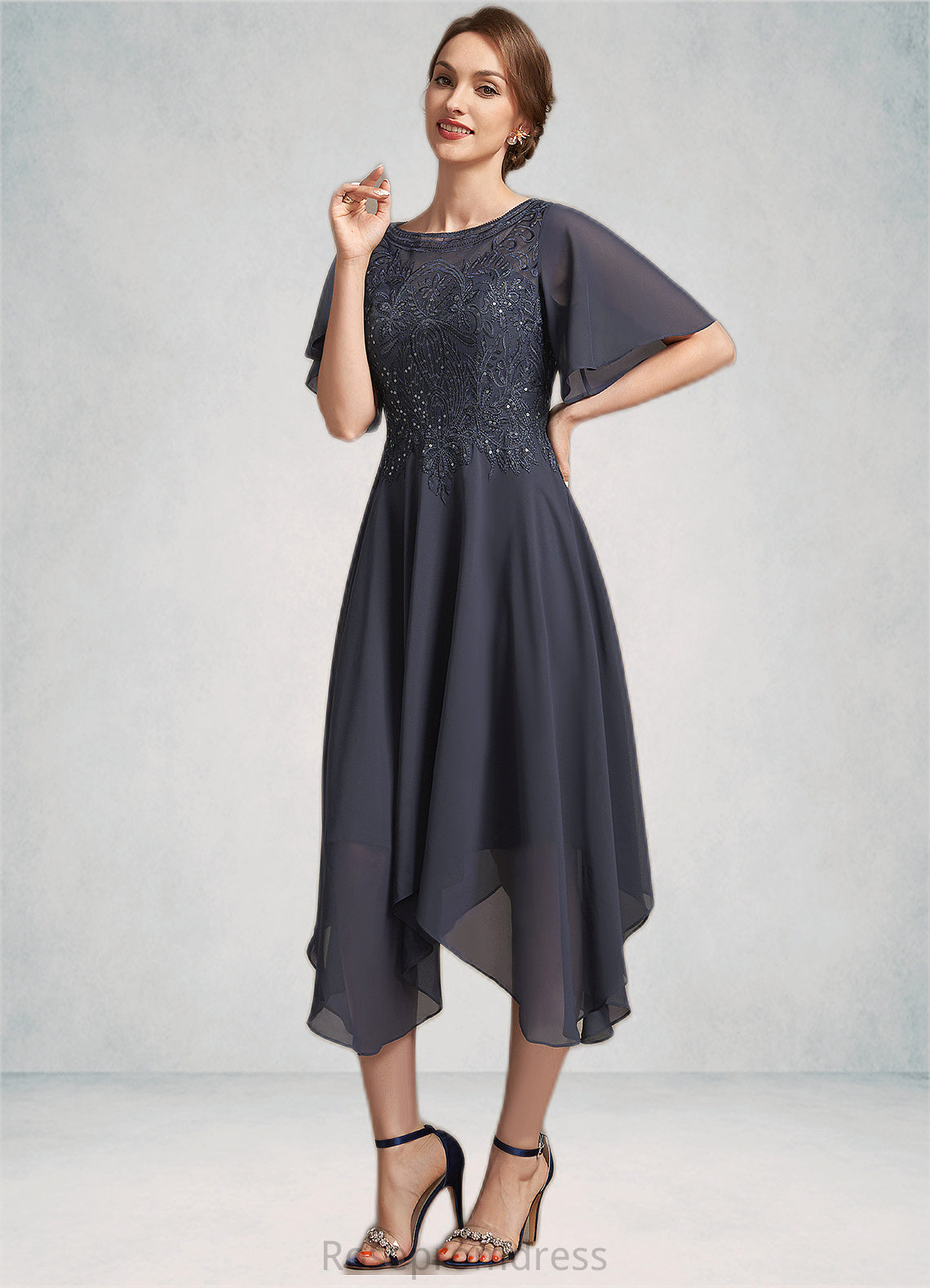 Gertrude A-Line Scoop Neck Tea-Length Chiffon Lace Mother of the Bride Dress With Sequins SRS126P0014830