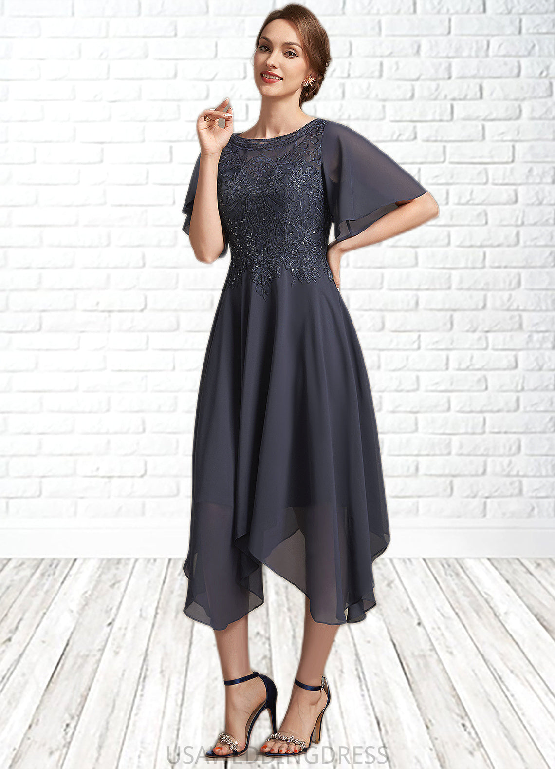 Kayleigh A-Line Scoop Neck Tea-Length Chiffon Lace Mother of the Bride Dress With Sequins DS126P0014830