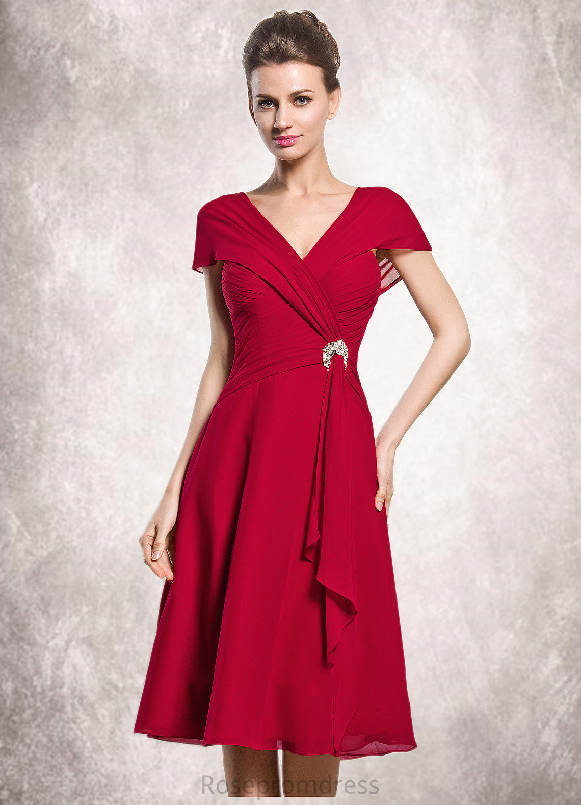 Alissa A-Line V-neck Knee-Length Chiffon Mother of the Bride Dress With Beading Sequins Cascading Ruffles SRS126P0014835
