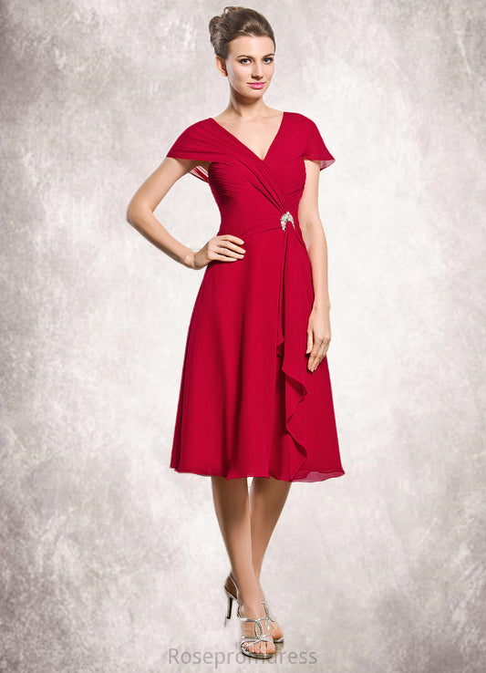 Alissa A-Line V-neck Knee-Length Chiffon Mother of the Bride Dress With Beading Sequins Cascading Ruffles SRS126P0014835