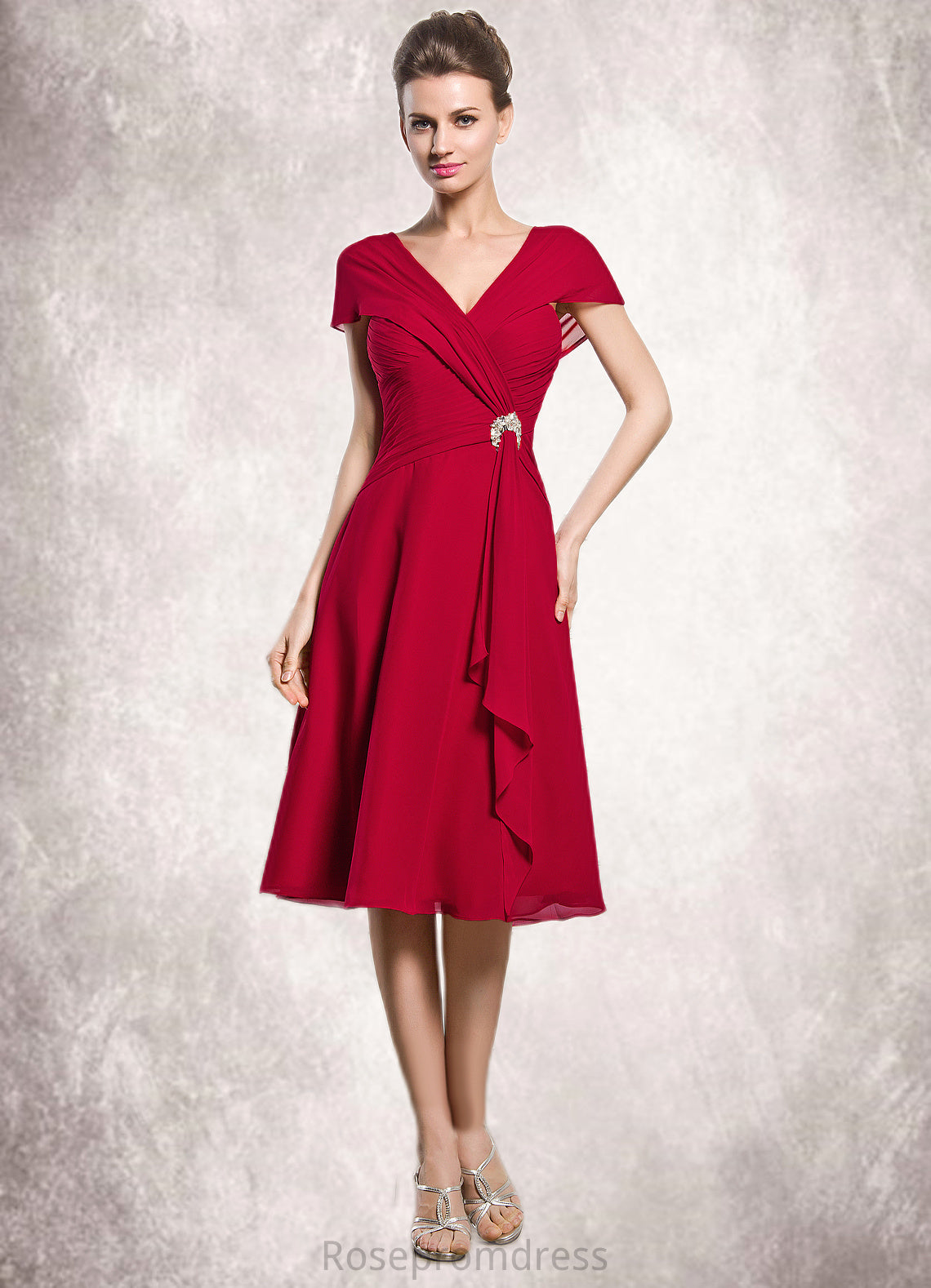 Alissa A-Line V-neck Knee-Length Chiffon Mother of the Bride Dress With Beading Sequins Cascading Ruffles SRS126P0014835