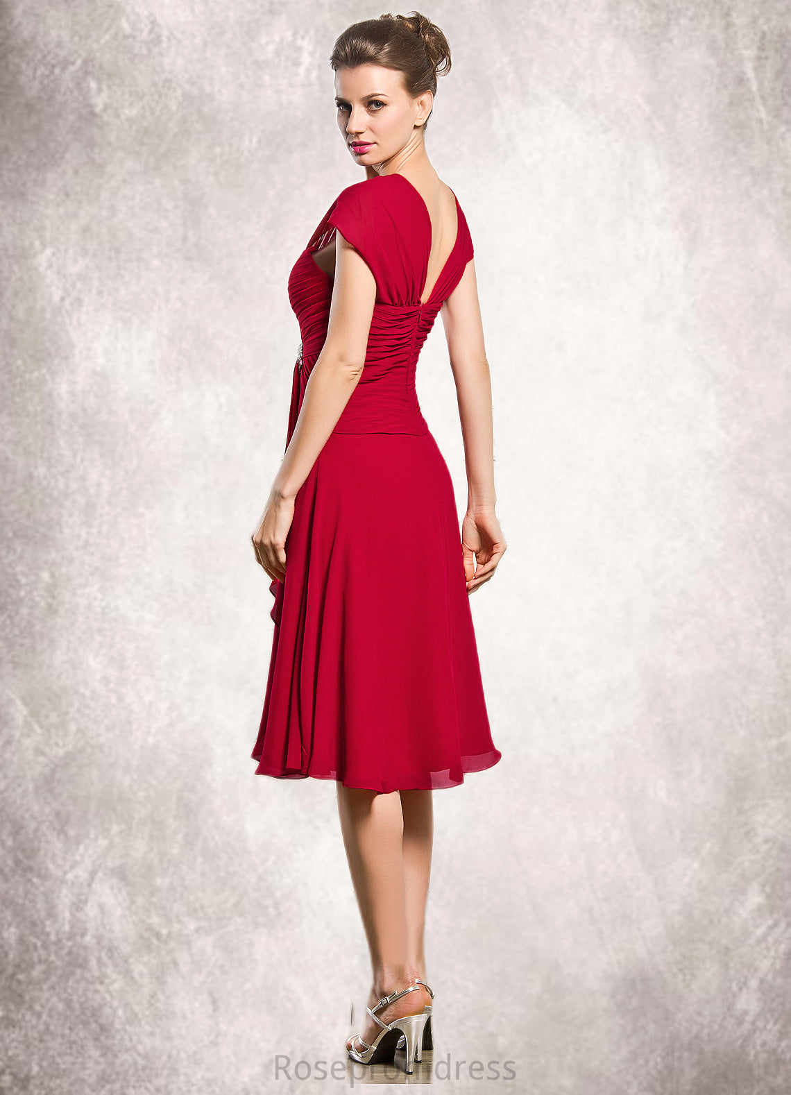 Alissa A-Line V-neck Knee-Length Chiffon Mother of the Bride Dress With Beading Sequins Cascading Ruffles SRS126P0014835