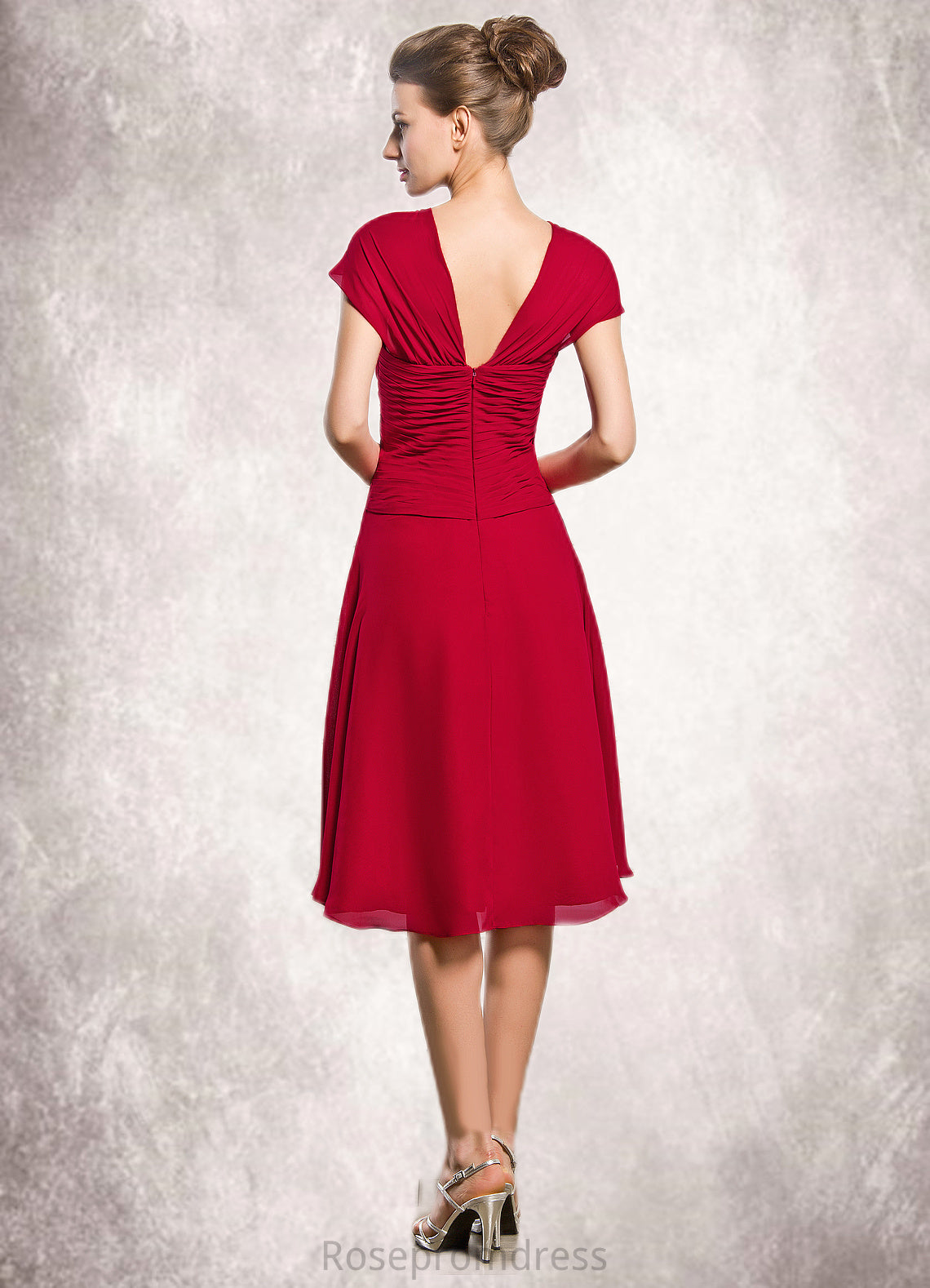 Alissa A-Line V-neck Knee-Length Chiffon Mother of the Bride Dress With Beading Sequins Cascading Ruffles SRS126P0014835