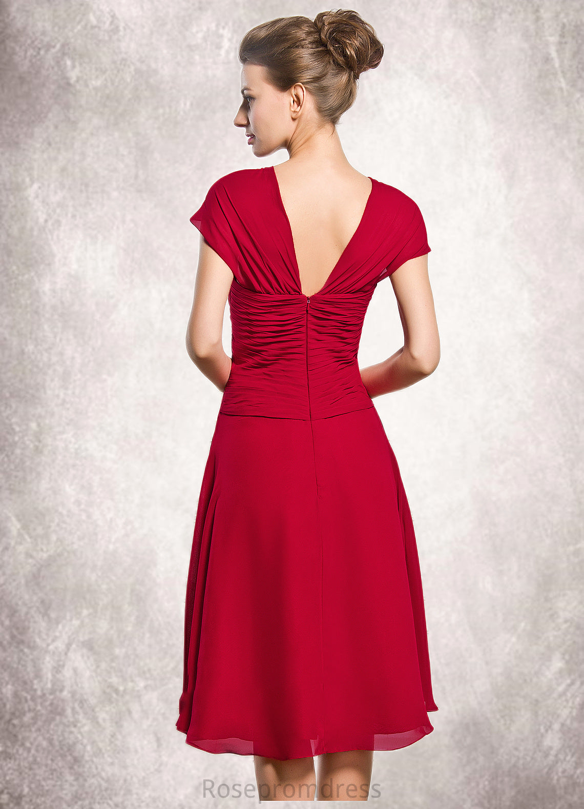 Alissa A-Line V-neck Knee-Length Chiffon Mother of the Bride Dress With Beading Sequins Cascading Ruffles SRS126P0014835