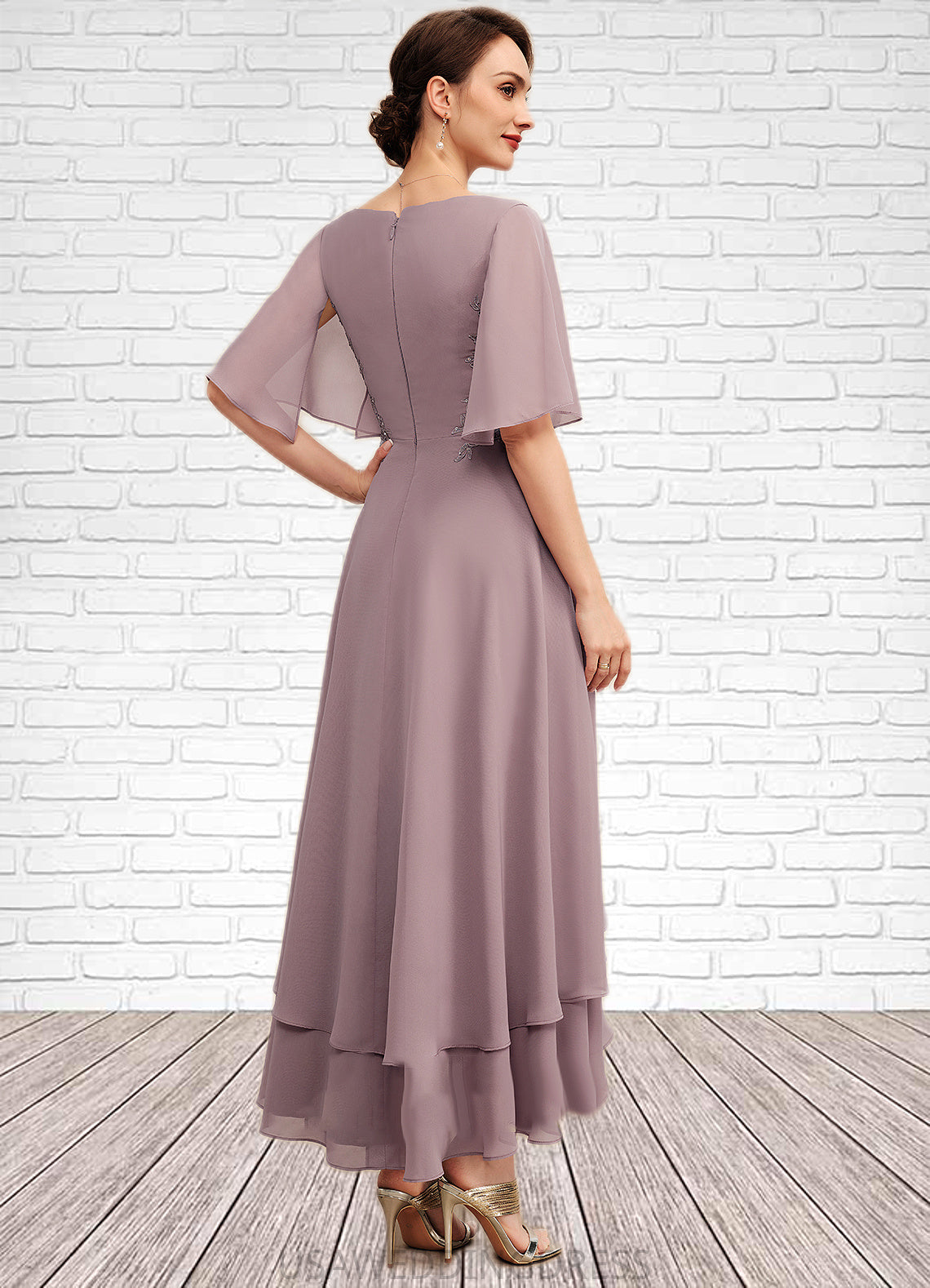 Miranda A-Line V-neck Asymmetrical Chiffon Mother of the Bride Dress With Ruffle Lace Beading DS126P0014839