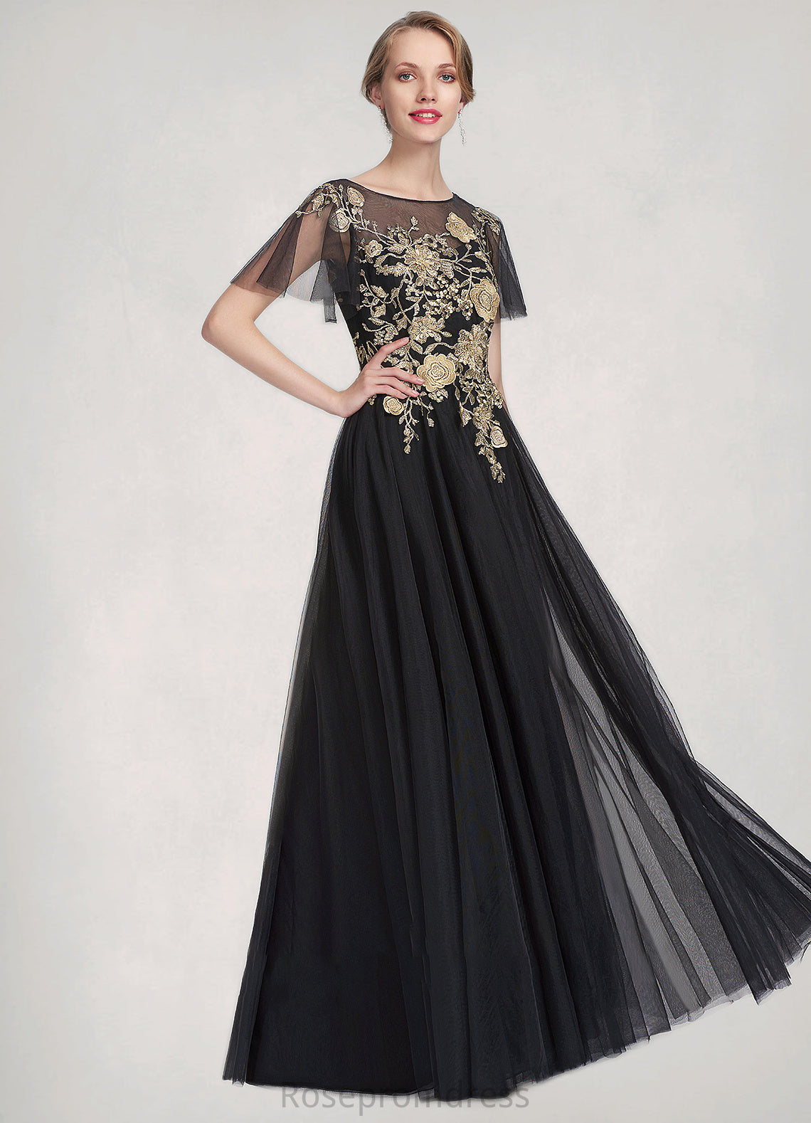 Amya A-Line/Princess Scoop Neck Floor-Length Tulle Mother of the Bride Dress With Lace SRS126P0014841