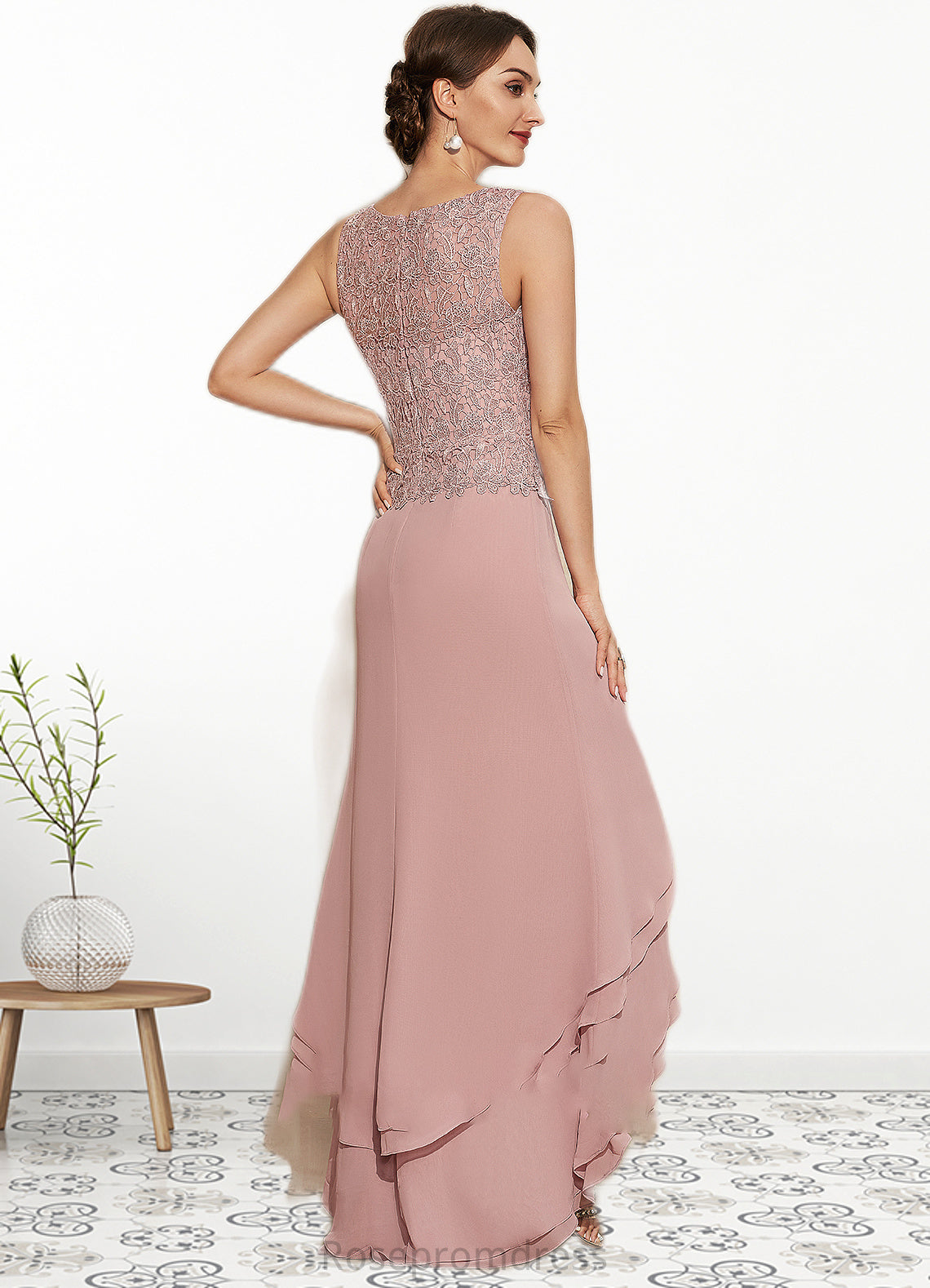 Madeleine A-Line Scoop Neck Asymmetrical Chiffon Lace Mother of the Bride Dress With Cascading Ruffles SRS126P0014845