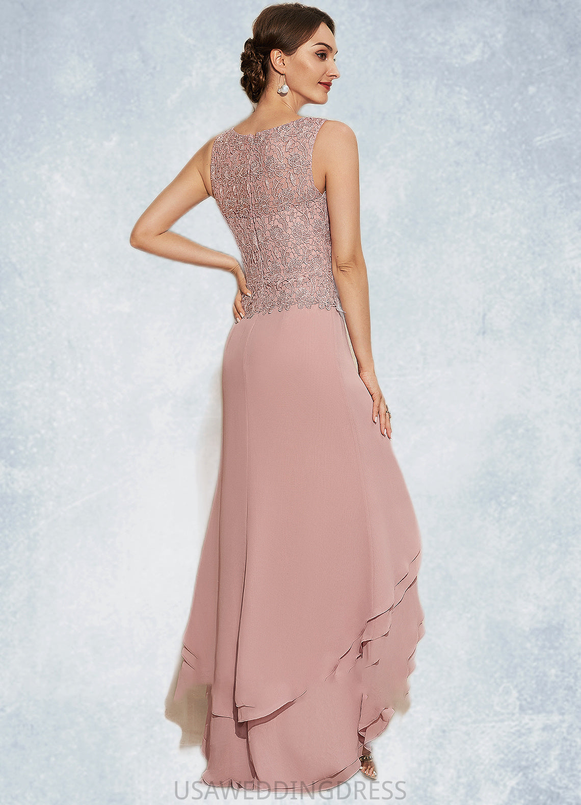 Polly A-Line Scoop Neck Asymmetrical Chiffon Lace Mother of the Bride Dress With Cascading Ruffles DS126P0014845