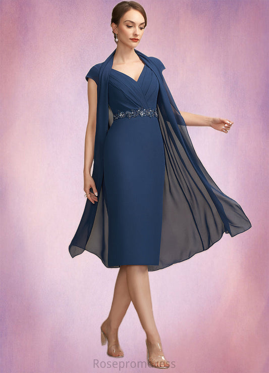 Paula Sheath/Column V-neck Knee-Length Chiffon Mother of the Bride Dress With Ruffle Beading Sequins SRS126P0014847
