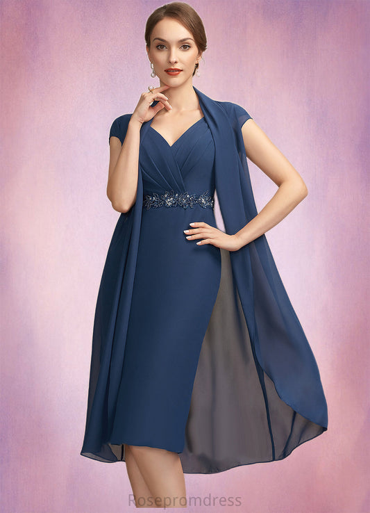 Paula Sheath/Column V-neck Knee-Length Chiffon Mother of the Bride Dress With Ruffle Beading Sequins SRS126P0014847