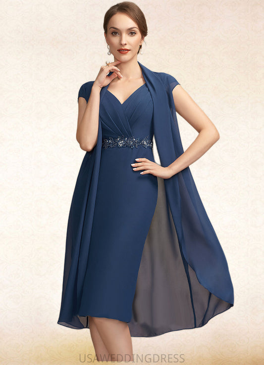 Julie Sheath/Column V-neck Knee-Length Chiffon Mother of the Bride Dress With Ruffle Beading Sequins DS126P0014847
