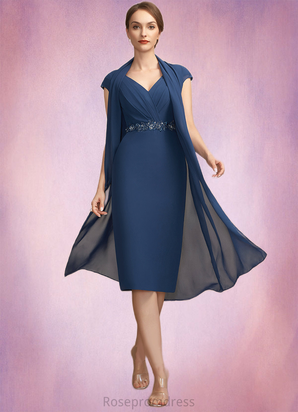 Paula Sheath/Column V-neck Knee-Length Chiffon Mother of the Bride Dress With Ruffle Beading Sequins SRS126P0014847