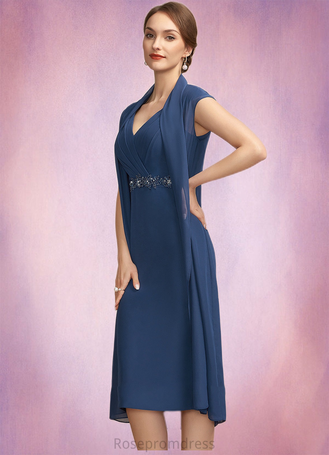 Paula Sheath/Column V-neck Knee-Length Chiffon Mother of the Bride Dress With Ruffle Beading Sequins SRS126P0014847