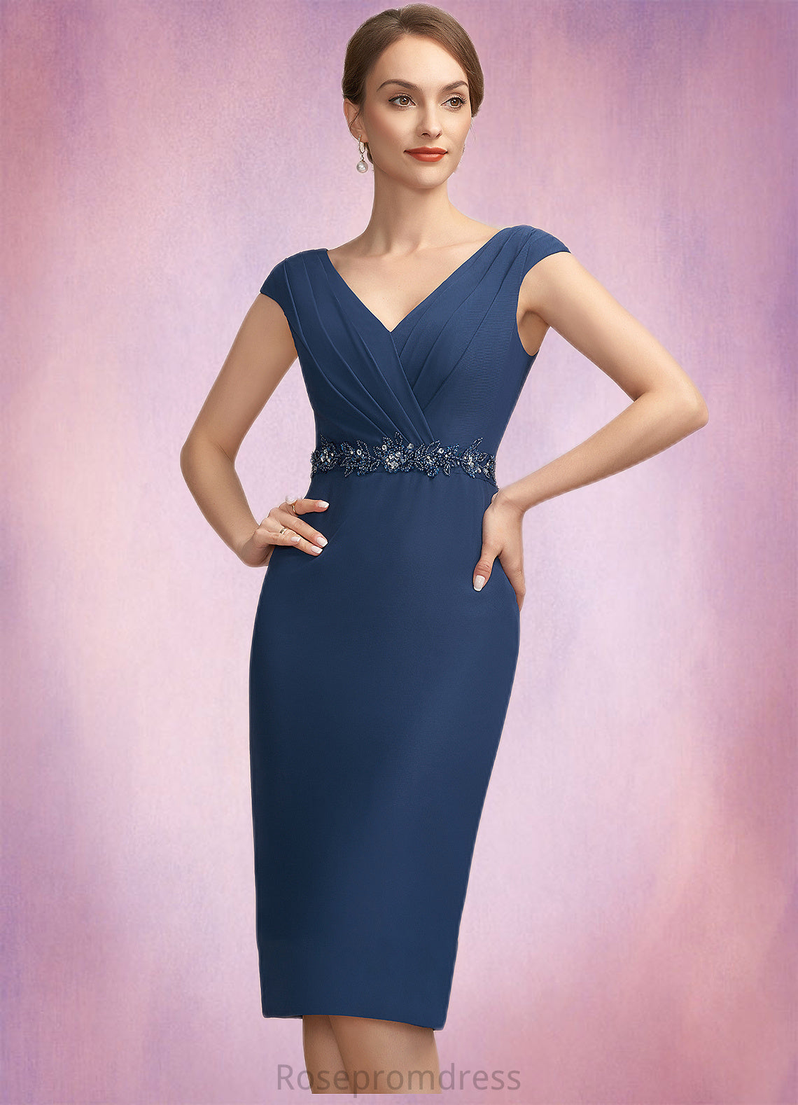 Paula Sheath/Column V-neck Knee-Length Chiffon Mother of the Bride Dress With Ruffle Beading Sequins SRS126P0014847