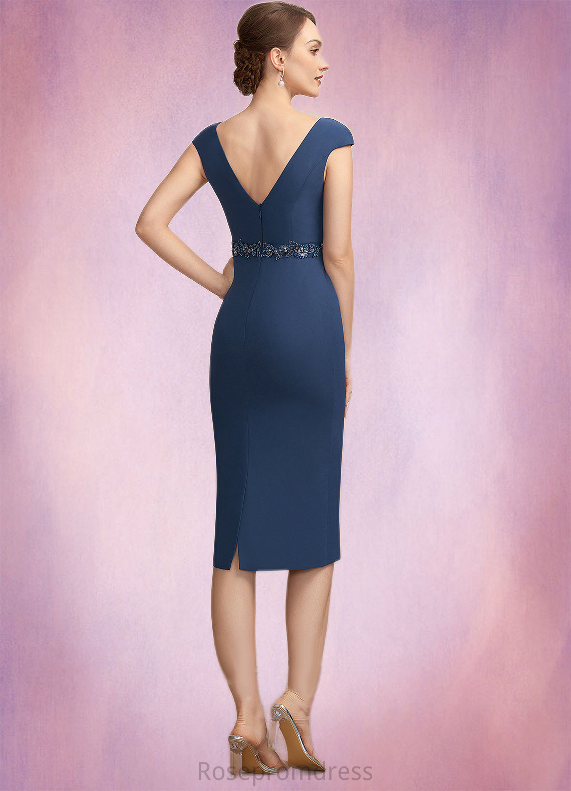 Paula Sheath/Column V-neck Knee-Length Chiffon Mother of the Bride Dress With Ruffle Beading Sequins SRS126P0014847