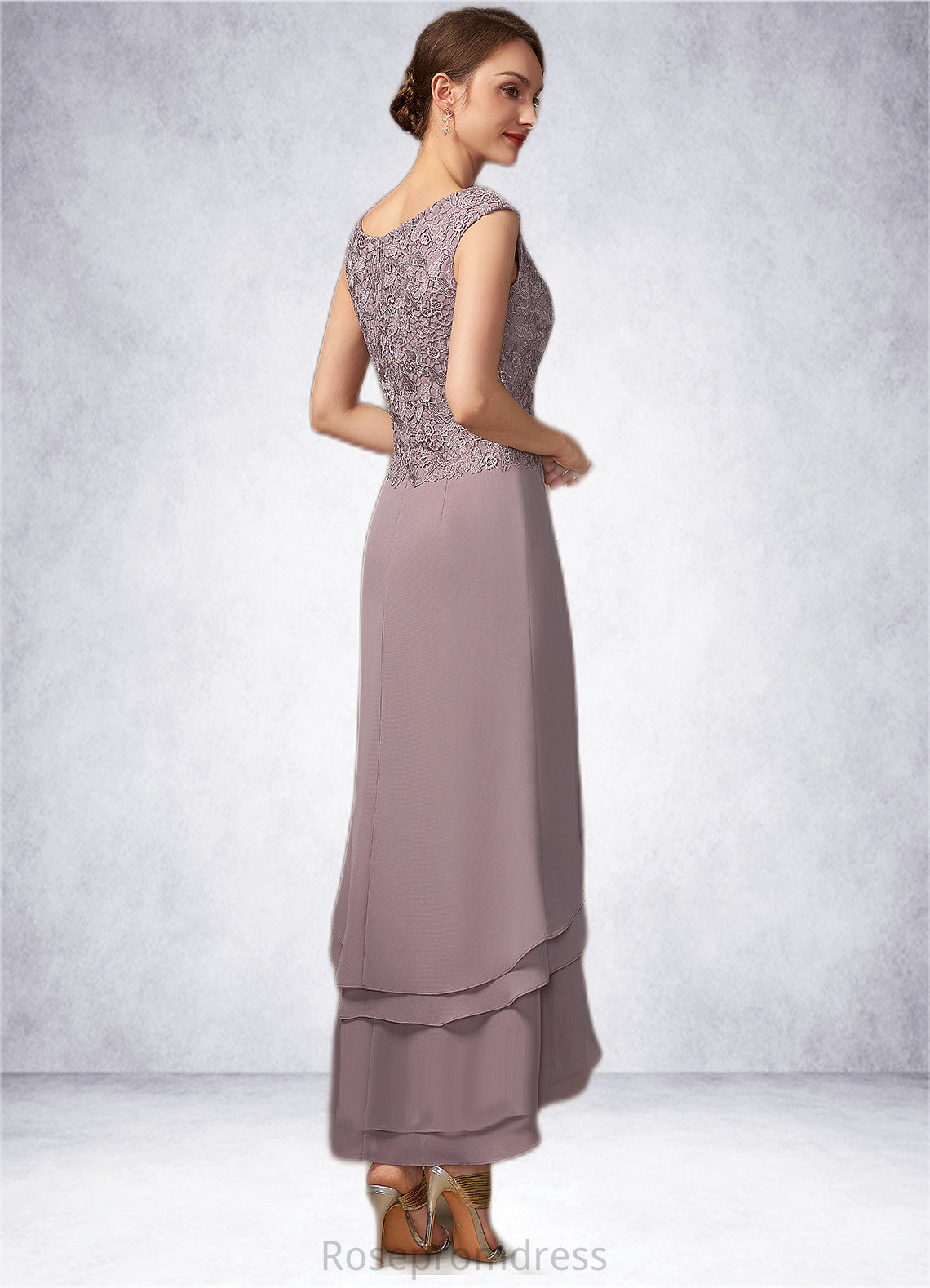 Lauretta A-Line Scoop Neck Asymmetrical Chiffon Lace Mother of the Bride Dress With Cascading Ruffles SRS126P0014850