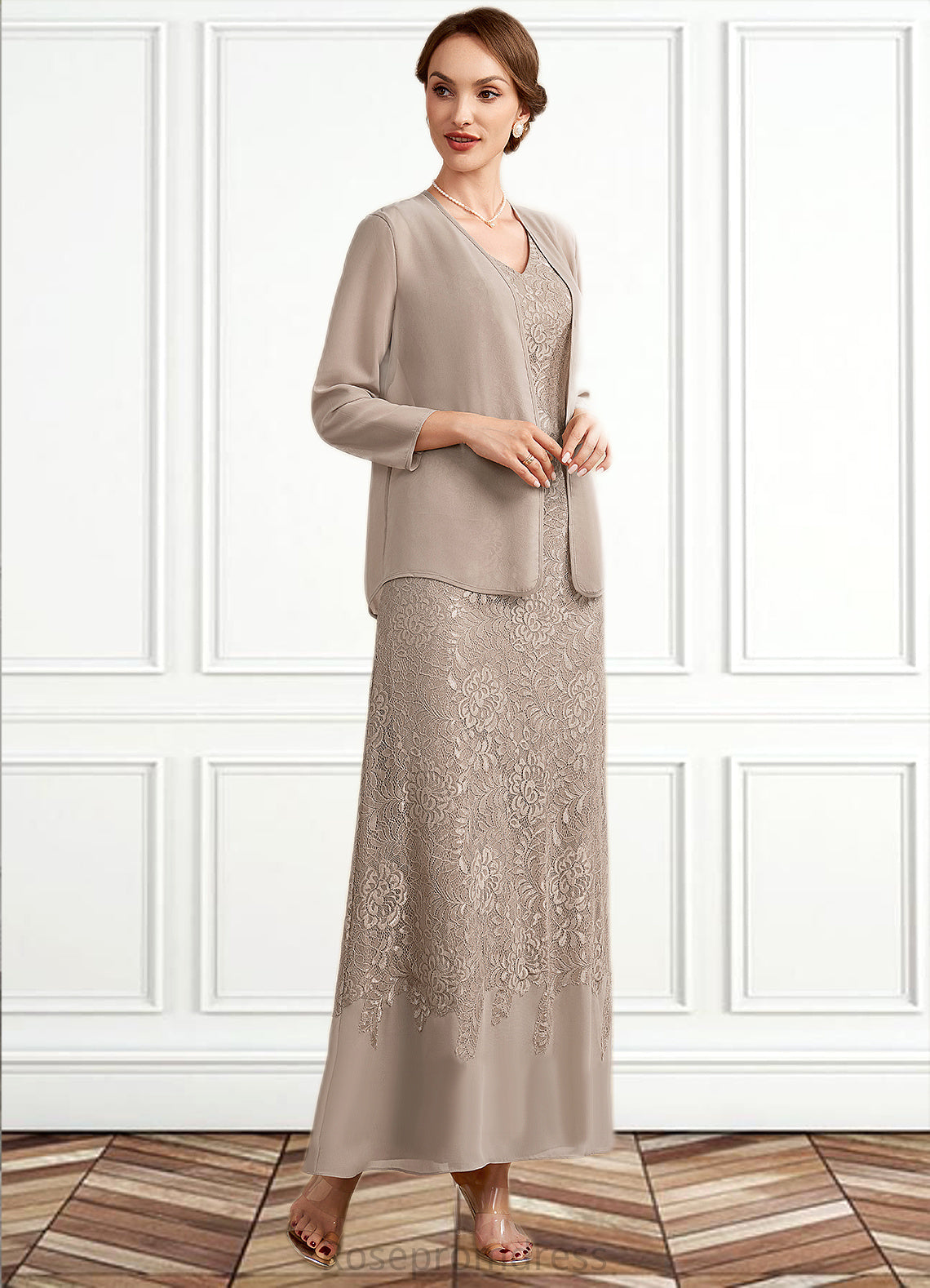 Susie A-Line V-neck Ankle-Length Chiffon Lace Mother of the Bride Dress SRS126P0014851