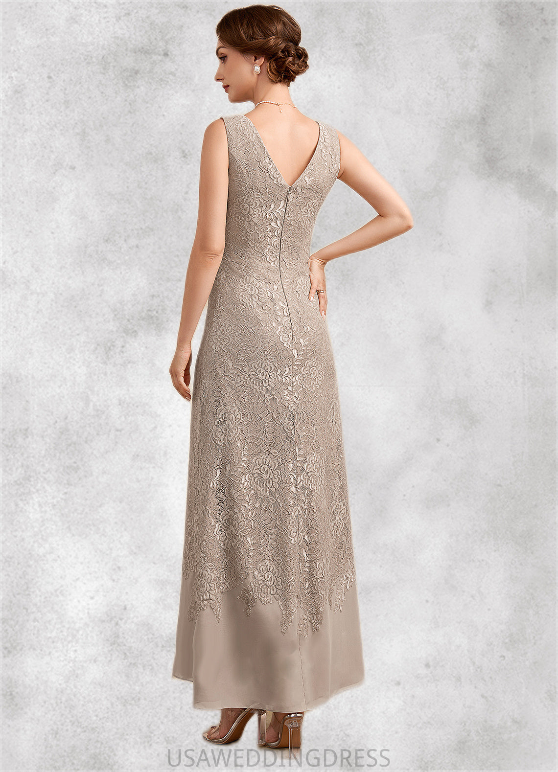 Carly A-Line V-neck Ankle-Length Chiffon Lace Mother of the Bride Dress DS126P0014851