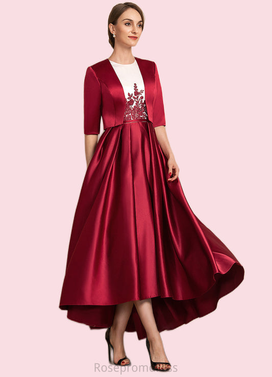 Irene A-Line Scoop Neck Asymmetrical Satin Lace Mother of the Bride Dress With Ruffle Sequins Pockets SRS126P0014853