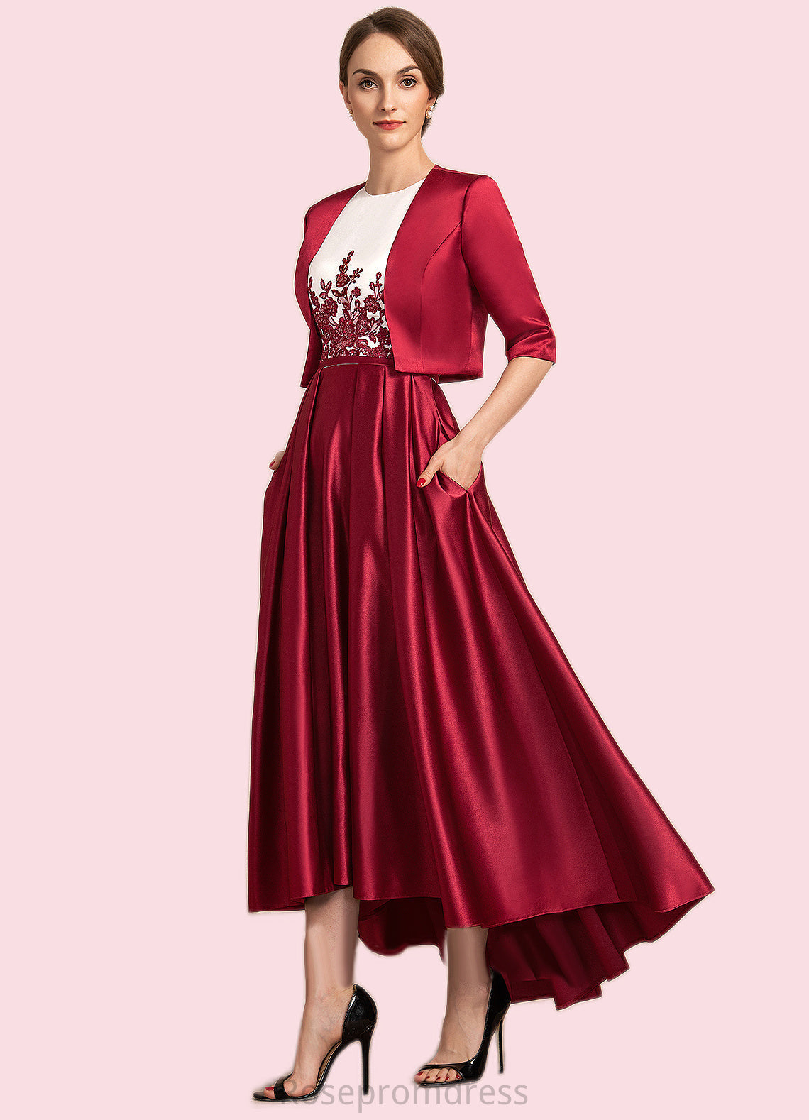 Irene A-Line Scoop Neck Asymmetrical Satin Lace Mother of the Bride Dress With Ruffle Sequins Pockets SRS126P0014853