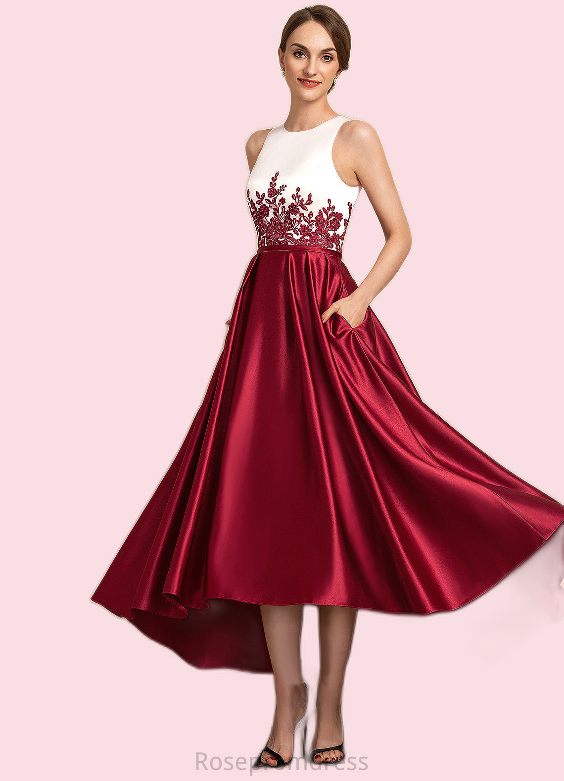 Irene A-Line Scoop Neck Asymmetrical Satin Lace Mother of the Bride Dress With Ruffle Sequins Pockets SRS126P0014853