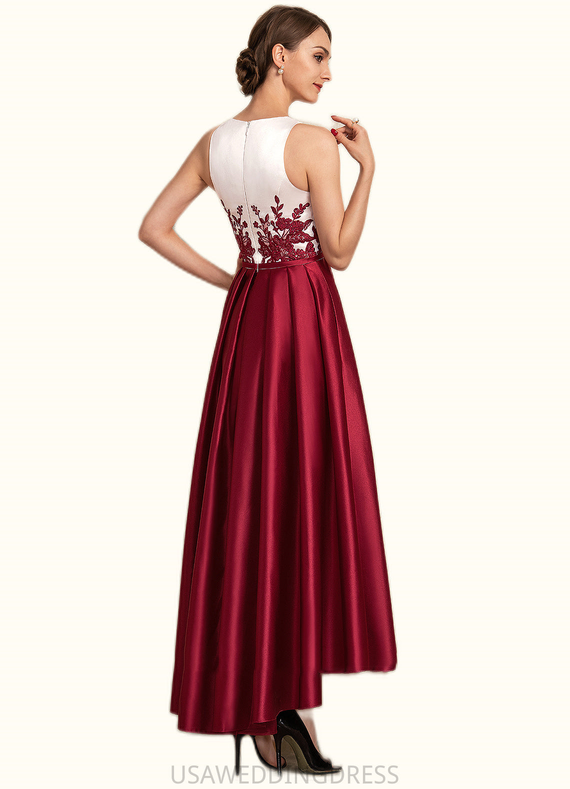 Dahlia A-Line Scoop Neck Asymmetrical Satin Lace Mother of the Bride Dress With Ruffle Sequins Pockets DS126P0014853